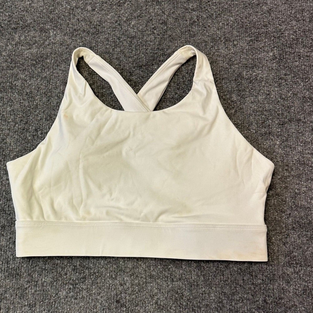 Fabletics Sports Bra Womens Size S White High Neck Crossback Cutout Stained